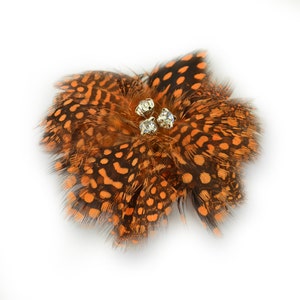 Puede incluir: Una flor de plumas marrón y naranja con tres diamantes de imitación transparentes en el centro.