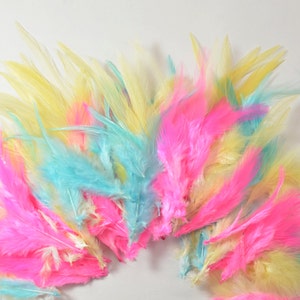Pu&ograve; includere: Una collezione di piume colorate in tonalit&agrave; di giallo, rosa e blu. Le piume sono disposte a semicerchio, creando una visualizzazione vibrante e testurizzata.