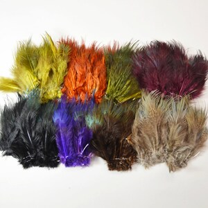 May include: Assortment of ten bundles of dyed pheasant tail feathers in various colors, including black, brown, green, purple, red, and yellow.