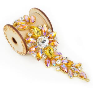 Rhinestone Motif - Floral Crystal Applique - #10 Yellow AB Gold - 7.5" x 2"