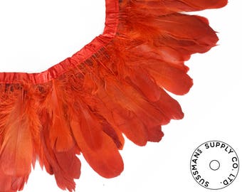 Feather Trim - Goose Feather Satinette Fringe Trims - Persimmon Red - 5"-7" (1 yard)