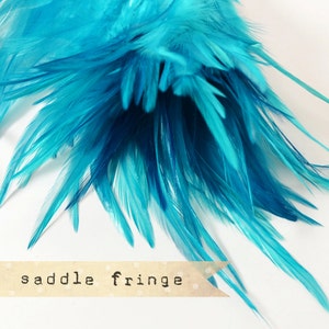 May include: A bunch of teal blue feathers with the text "saddle fringe" on a beige label.