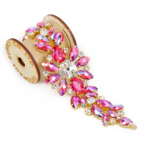 Rhinestone Motif - Floral Crystal Applique - 01 Fuchsia AB Gold - 7.5&quot; x 2&quot;