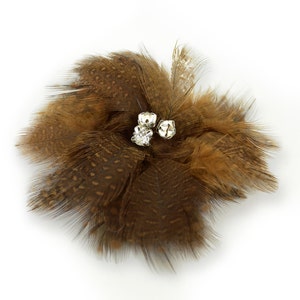 May include: A brown feather flower with three clear rhinestone accents.