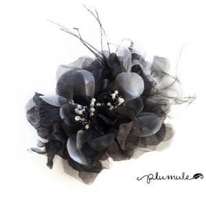 Organza Double Flower Applique - Rhinestones, Glittery Stamen, Ostrich Feathers -  Black & White (1pc)