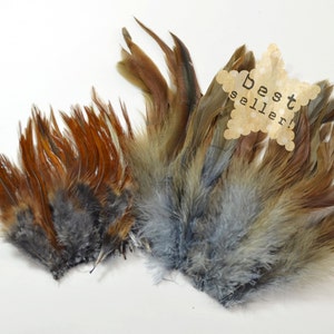 80 +-Grey Dun - Bestseller - Rooster Sattel Federn - halbe Bronze - Rooster Schlappen - zweifarbig, exotischen Federn