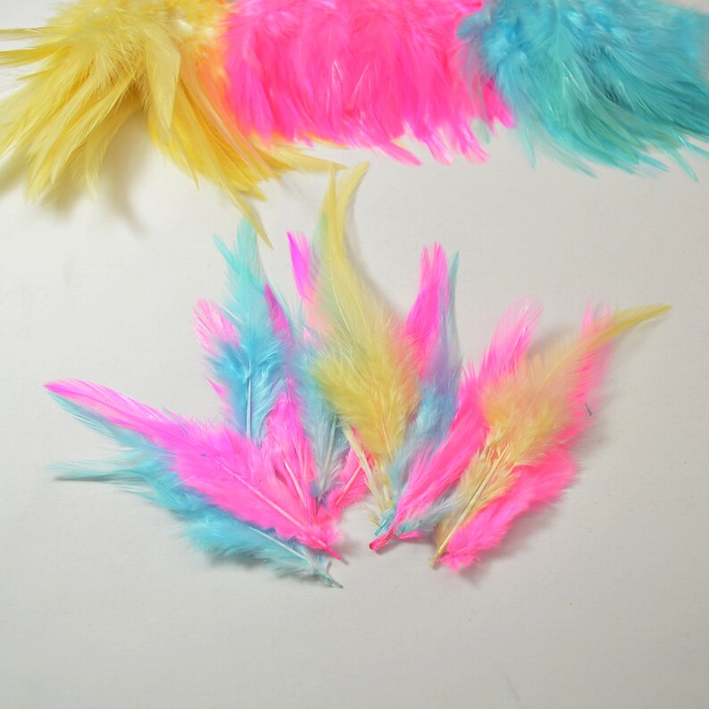 Pu&ograve; includere: Una collezione di piume colorate in tonalit&agrave; di rosa, giallo e blu. Le piume sono morbide e soffici, e sarebbero perfette per l'artigianato o la decorazione.