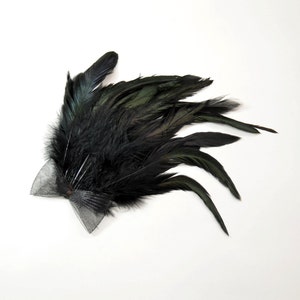 May include: A black feather hair clip with a black mesh bow. The feathers are arranged in a fan shape and the bow is tied in the centre.