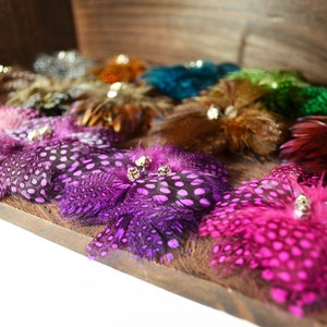 Puede incluir: Surtido de pinzas para el pelo de plumas de colores con patrones de lunares. Las pinzas están dispuestas en una vitrina de madera.