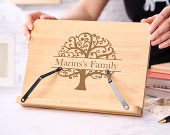 Suporte personalizado para livro de receitas, suporte de madeira para livros de culinária com gravação, suporte para tablet com nome da família, presente para casais que acabaram de se mudar, decoração para restaurantes.