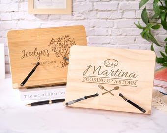 Soporte para libros de cocina personalizado, soporte para tablet de cocina, soporte para libros de cocina con recetas grabadas, soporte para tablet, regalo para mamá