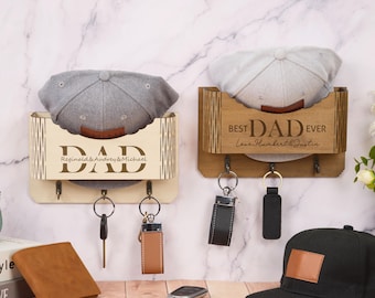 Soporte de madera personalizado para sombreros, soporte de madera personalizado para gorras para él, organizador de sombreros de madera grabado para papá, soporte para sombreros, regalo para el Día del Padre