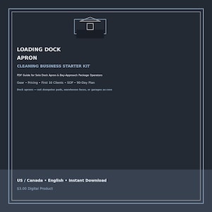 Op de afbeelding: Een donkerblauw digitaal document getiteld Loading Dock Apron Cleaning Business Starter Kit. Het bevat een PDF-gids voor operators, met onderwerpen als uitrusting, prijsstelling, de eerste 10 klanten, SOP en een 90-dagenplan.