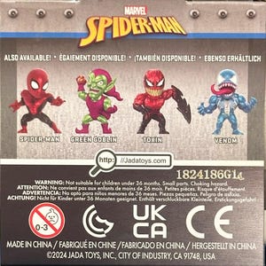 Pode incluir: Caixa de produto com personagens Marvel Spider-Man: Spider-Man, Green Goblin, Toxin e Venom. O texto "MARVEL SPIDER-MAN" est&aacute; no topo. A caixa inclui avisos sobre pe&ccedil;as pequenas e perigo de asfixia.