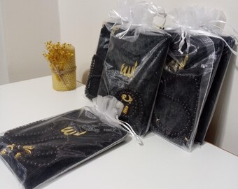 Velvet Covered Surah Yasin Book with Tasbih in Tulle Pouch - Islamic Gift Set