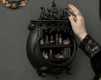 Estante de Caldero Gótico con Corazón en Llamas – Archivo STL para Impresión 3D | Estante de Caldero de Bruja Gótica | Decoración de Pared Oscura
