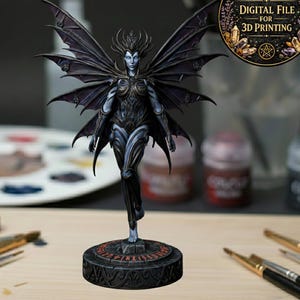 May include: A detailed figurine of a winged fantasy figure with a dark color scheme. The figure has large, bat-like wings and is standing on a round, ornate base. The image includes the text "DIGITAL FILE FOR 3D PRINTING" in a circular design.