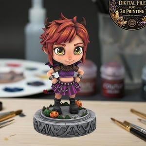 Könnte beinhalten: Digital gerenderte Figur einer Zeichentrickfigur mit roten Haaren, Hörnern und einem lila Outfit. Die Figur steht auf einem dekorativen Sockel mit Kürbissen. Das Bild enthält den Text "DIGITAL FILE FOR 3D PRINTING" in einer kreisförmigen Grafik.