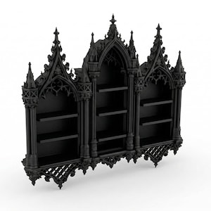 May include: Black gothic-style wall shelf unit with three sections and multiple shelves. The unit features ornate architectural details, including pointed arches, spires, and decorative tracery. The shelves are designed to hold books, decor, or other items.
