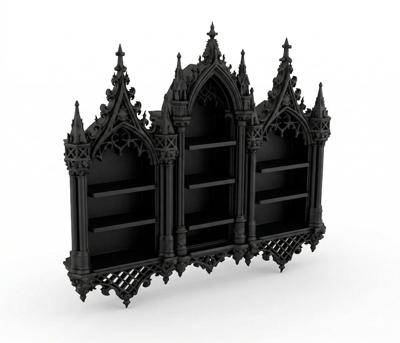 May include: Black gothic-style wall shelf unit with three sections and multiple shelves. The unit features ornate architectural details, including pointed arches, spires, and decorative tracery. The shelves are designed to hold books, decor, or other items.