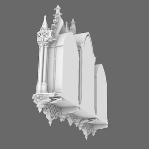 May include: A white, architectural model of a gothic building with arched windows, ornate columns, and decorative spires. The model has intricate details and a textured surface, suggesting a focus on historical or fantasy themes.