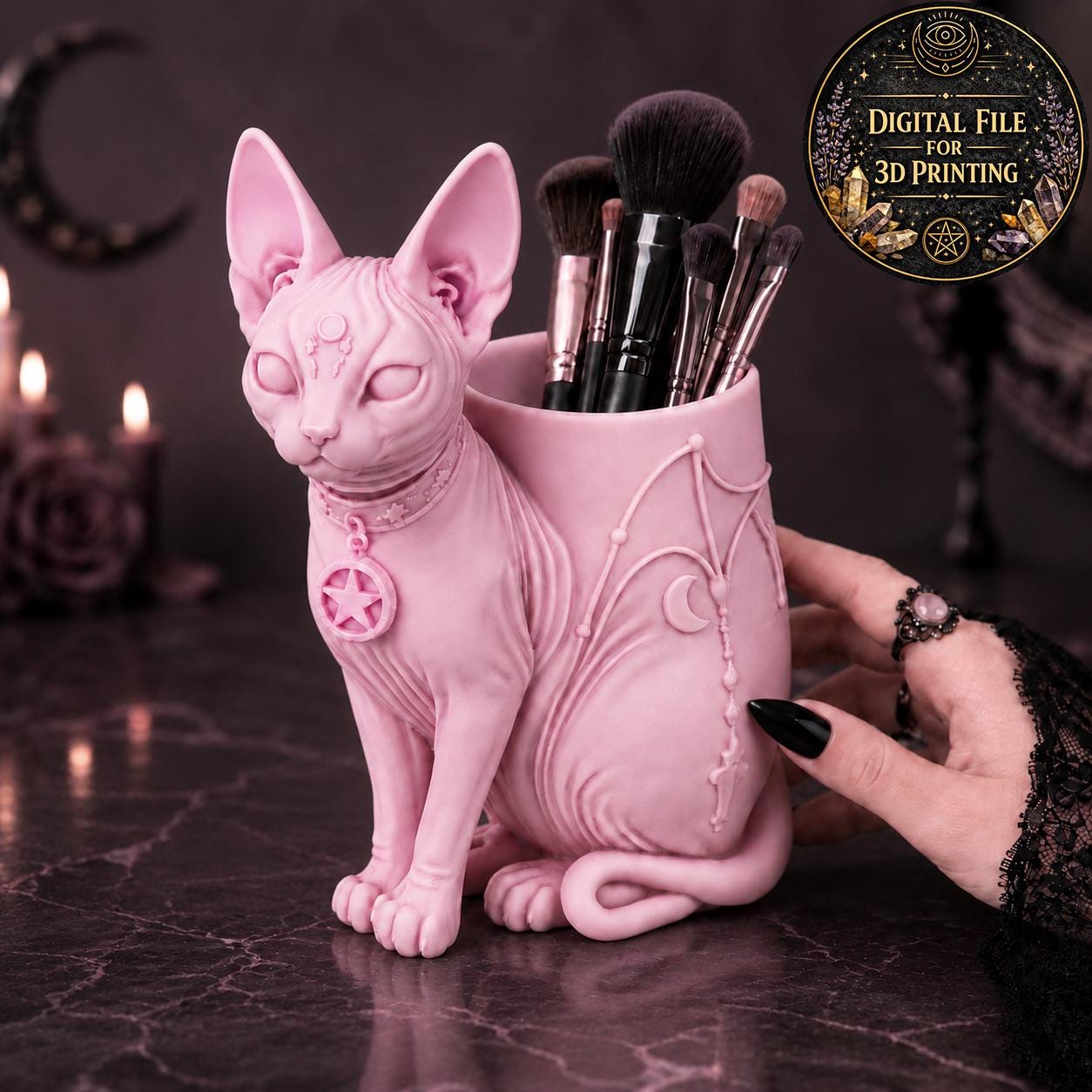 Pastel Goth Sphynx Cat Occult Organizer Makeup Brush Holder and