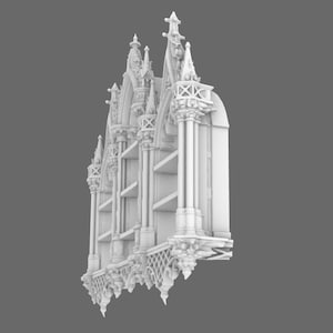 May include: A white, ornate bookshelf with a gothic architectural design. The bookshelf features multiple shelves, decorative columns, and intricate detailing, including spires and balustrades. The overall aesthetic is reminiscent of a cathedral.