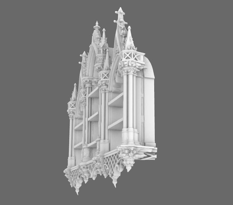 May include: A white, ornate bookshelf with a gothic architectural design. The bookshelf features multiple shelves, decorative columns, and intricate detailing, including spires and balustrades. The overall aesthetic is reminiscent of a cathedral.