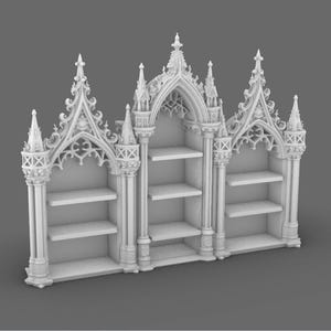May include: A white, ornate bookshelf with three sections, each with shelves. The design features Gothic architectural elements, including pointed arches, spires, and intricate tracery. The bookshelf is a decorative storage unit.