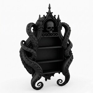 Puede incluir: Estanter&iacute;a negra de estilo g&oacute;tico con tres estantes. Presenta una calavera y tent&aacute;culos de pulpo. El dise&ntilde;o es ornamentado y detallado, con una est&eacute;tica oscura y misteriosa.