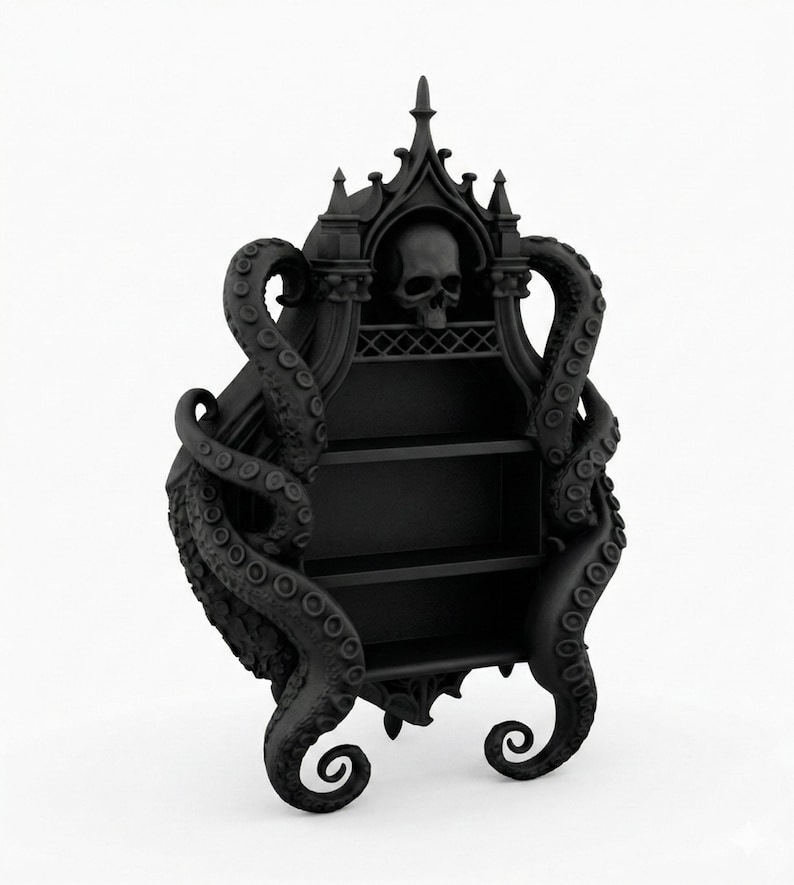 Puede incluir: Estanter&iacute;a negra de estilo g&oacute;tico con tres estantes. Presenta una calavera y tent&aacute;culos de pulpo. El dise&ntilde;o es ornamentado y detallado, con una est&eacute;tica oscura y misteriosa.