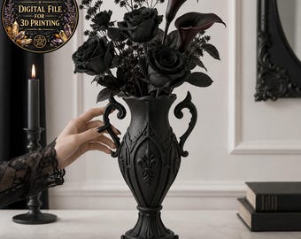 May include: A black decorative vase filled with black roses and calla lilies. The vase has ornate handles and a fleur-de-lis design. A lit black candle and a stack of books are in the background. The image includes a digital file for 3D printing.