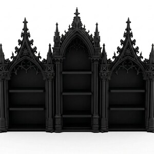 May include: A black, gothic-style bookshelf with three sections. Each section has shelves for storage. The bookshelf features intricate architectural details, including pointed arches and decorative spires. The overall design is reminiscent of a cathedral.