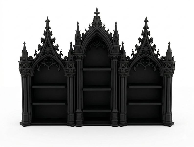 May include: A black, gothic-style bookshelf with three sections. Each section has shelves for storage. The bookshelf features intricate architectural details, including pointed arches and decorative spires. The overall design is reminiscent of a cathedral.
