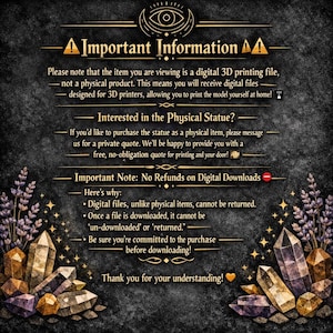 Puede incluir: Aviso de archivo de impresi&oacute;n 3D digital sobre un fondo oscuro. El texto informa sobre archivos digitales, estatuas f&iacute;sicas y la no devoluci&oacute;n de descargas digitales. La imagen presenta cristales decorativos y elementos florales.
