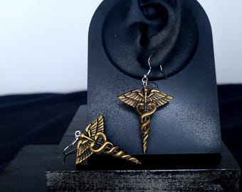 Hand painted bio-resin caduceus symbol earrings with hypoallergenic surgical steel hooks - gothic - tattoo - greece