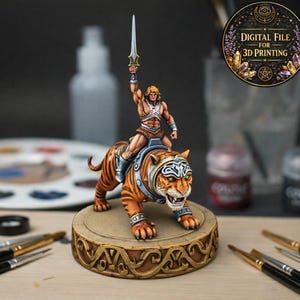 May include: A detailed figurine of a muscular character riding a tiger, holding a sword aloft. The tiger is orange with black stripes and green eyes. The figurine is on a decorative base. The image includes the text "DIGITAL FILE FOR 3D PRINTING".