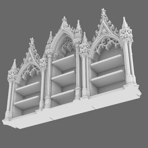 May include: A white, ornate bookshelf with a gothic architectural design. The bookshelf features multiple shelves and decorative arches, columns, and spires. The overall design is symmetrical and detailed, with a focus on intricate patterns and shapes.