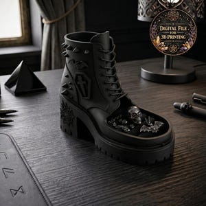 May include: Black gothic-style boot with a chunky heel, adorned with spikes, a coffin, and bat details. The boot features a skull and chain embellishment. The image includes a digital file for 3D printing.