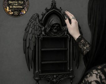 May include: A black gothic wall shelf featuring a grim reaper design. The shelf has three levels and is flanked by sculpted wings. The top features a skull in a hooded cloak. A circular graphic with text that reads "DIGITAL FILE FOR 3D PRINTING" is in the upper left corner.
