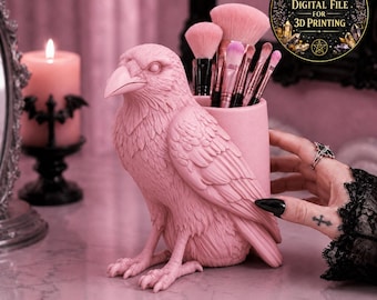 Pastell Goth Raven Sminkborstehållare, Gotisk Bordorganisatör, STL-fil för 3D-utskrift, Mörk Borstehållare
