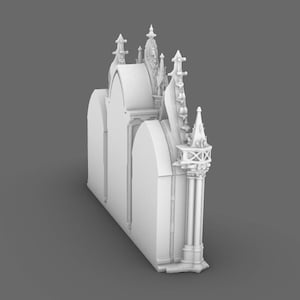 May include: A white, architectural model of a cathedral or church, featuring arched windows, spires, and decorative columns. The model has a detailed design with intricate carvings and a gothic style.