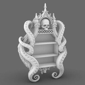 Puede incluir: Estanter&iacute;a blanca de estilo g&oacute;tico con tres estantes. La parte superior presenta una calavera y detalles arquitect&oacute;nicos ornamentados. Dos grandes tent&aacute;culos envuelven los lados. Una soluci&oacute;n de almacenamiento &uacute;nica y decorativa.