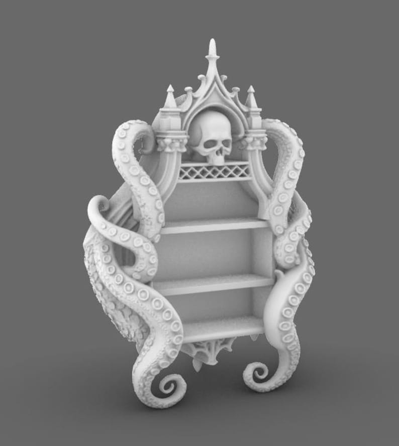 Puede incluir: Estanter&iacute;a blanca de estilo g&oacute;tico con tres estantes. La parte superior presenta una calavera y detalles arquitect&oacute;nicos ornamentados. Dos grandes tent&aacute;culos envuelven los lados. Una soluci&oacute;n de almacenamiento &uacute;nica y decorativa.