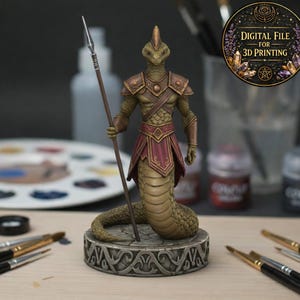 May include: A detailed figurine of a snake-like humanoid warrior holding a spear. The figure is in shades of green, brown, and burgundy, with intricate armor and a decorative base. The image includes the text "DIGITAL FILE FOR 3D PRINTING".