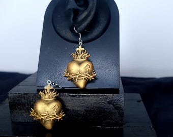 Hand painted bio-resin sacred heart earrings with hypoallergenic surgical steel hooks - gothic - sacred heart - goth