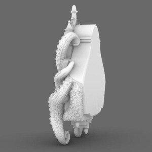 Puede incluir: Escultura blanca impresa en 3D de un edificio estilizado con un tent&aacute;culo de pulpo enrollado. El edificio tiene detalles arquitect&oacute;nicos y una parte superior decorativa. El tent&aacute;culo est&aacute; texturizado con ventosas.