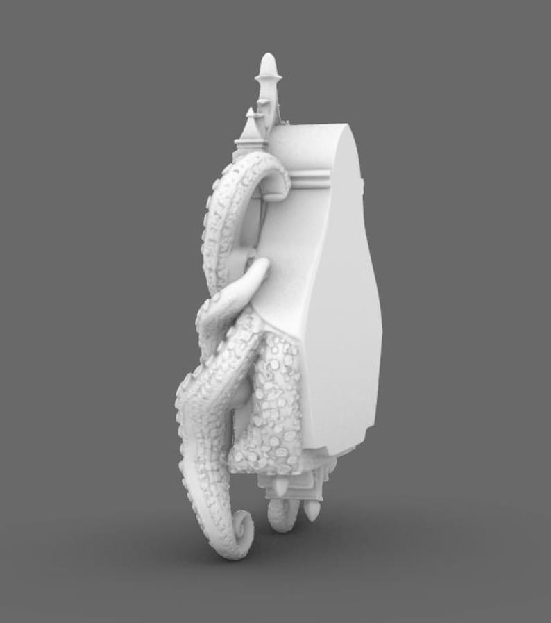 Puede incluir: Escultura blanca impresa en 3D de un edificio estilizado con un tent&aacute;culo de pulpo enrollado. El edificio tiene detalles arquitect&oacute;nicos y una parte superior decorativa. El tent&aacute;culo est&aacute; texturizado con ventosas.