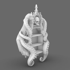 Puede incluir: Una estanter&iacute;a blanca de estilo g&oacute;tico con tres estantes, una calavera y detalles ornamentados. La estanter&iacute;a est&aacute; flanqueada por grandes tent&aacute;culos, lo que le da un dise&ntilde;o &uacute;nico inspirado en la fantas&iacute;a. La est&eacute;tica general recuerda a un tema de fantas&iacute;a o terror.