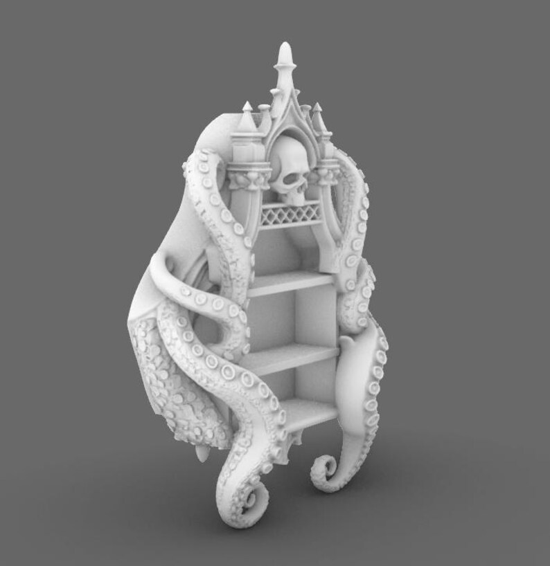 Puede incluir: Una estanter&iacute;a blanca de estilo g&oacute;tico con tres estantes, una calavera y detalles ornamentados. La estanter&iacute;a est&aacute; flanqueada por grandes tent&aacute;culos, lo que le da un dise&ntilde;o &uacute;nico inspirado en la fantas&iacute;a. La est&eacute;tica general recuerda a un tema de fantas&iacute;a o terror.